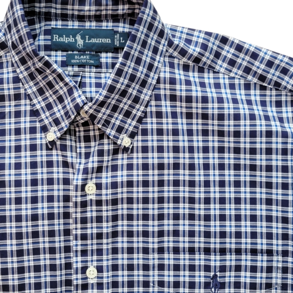 Ralph Lauren Button Down Navy White‎ Check Long Sleeve Blake 100% Cotton L